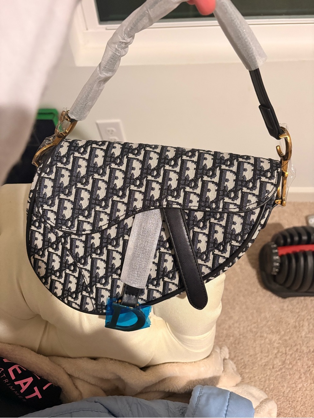 Navy and White Oblique Saddle Shoulder Bag